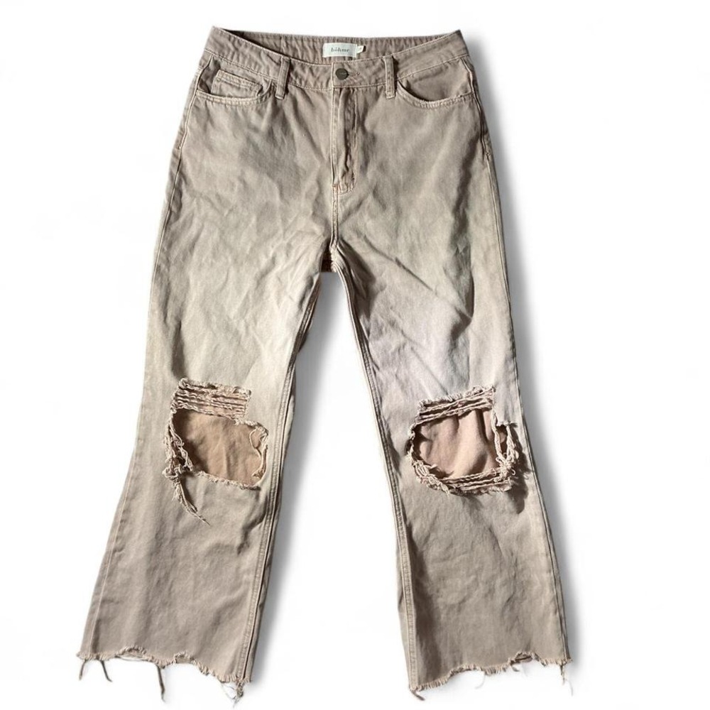 Bohme Charlie Distressed Cropped Flare‎ Jeans Frayed Hem Ripped Knee